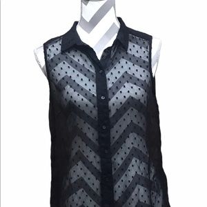 H&M Black Sheer Polka Dot Sleeveless Button-Up
